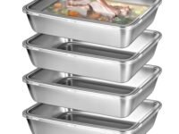 4 PCS Stainless Steel Food Containers with Clear Lids, Fresh- Keeping Container, Deli Meat Keeper for Refrigerator, Stackable Snack Storage Boxes for Picnic BBQ Party Travel, Freezer & Dishwasher Safe