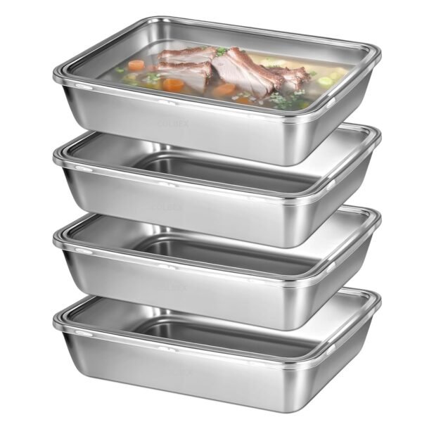4 PCS Stainless Steel Food Containers with Clear Lids, Fresh- Keeping Container, Deli Meat Keeper for Refrigerator, Stackable Snack Storage Boxes for Picnic BBQ Party Travel, Freezer & Dishwasher Safe