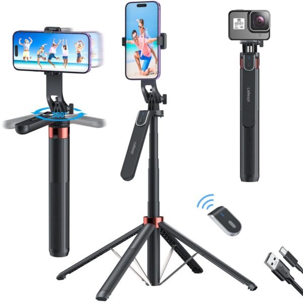 71-inch Selfie Stick Tripod 360 Degree Rotation Rechargeable Remote Quadripod Stand Gimbal Handle for Mobile Phone Camera Gopro 360° Panoramic Shooting Vlogging Live Stream