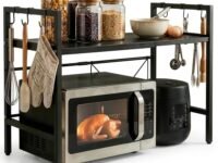 ABOUT SPACE Metal Microwave Stand Kitchen Storage Rack -Expandable Height Adjustable Microwave Stand with Hooks|Oven Stand for Kitchen Platform|Countertop OTG Stand|Up to 15kg - Black(L65xB36.5xH46cm)