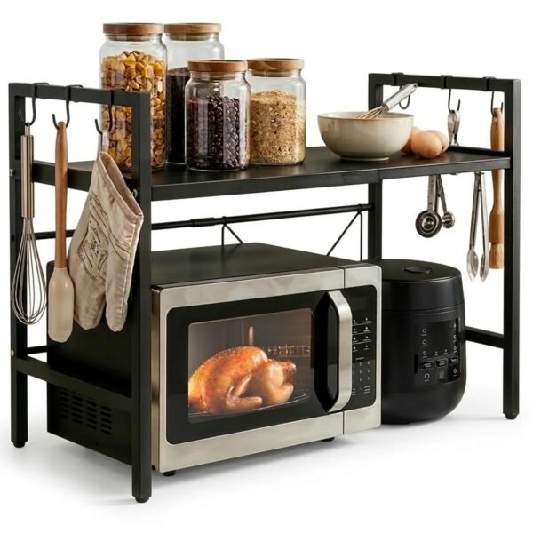 ABOUT SPACE Metal Microwave Stand Kitchen Storage Rack -Expandable Height Adjustable Microwave Stand with Hooks|Oven Stand for Kitchen Platform|Countertop OTG Stand|Up to 15kg - Black(L65xB36.5xH46cm)