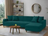 AMATA Elegant 4 Seater L Shape Ocean Blue Fabric Sofa Set with Four Cushions Perfect for Home Office Guests Living Room (02 Ocean Blue, L Shape)(03 Year Warranty)