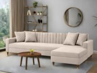 AMATA Elegant 4 Seater L Shape Sofa Set with Four Cushions Perfect for Home Office Guests Living Room (Cream, 4 Seater Sofa)(3 Year Warranty)