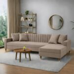 AMATA Elegant Solid Wood 4 Seater L Shape Camel Suede Velvet Sofa Set with Four Cushions Perfect for Home Office Guests Living Room (02 Camel, L Shape)(03 Year Warranty)