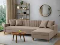 AMATA Elegant Solid Wood 4 Seater L Shape Camel Suede Velvet Sofa Set with Four Cushions Perfect for Home Office Guests Living Room (02 Camel, L Shape)(03 Year Warranty)