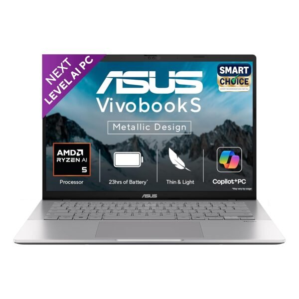 ASUS Vivobook S14,Smartchoice,AMD Ryzen AI 5 330,16GB RAM,512GB SSD,OLED,14",Win11,Office24,M365 Basic (1Yr)*, Silver,1.4Kg,M3407KA-SF2501WS,50 Tops,Metallic Design Laptop,Next-Gen AI Laptop,Copilot+