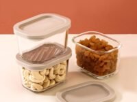 ATTRO Glassox Storeit Borosilicate Glass Storage Containers – 310ml, Set of 3, Transparent & Stackable with PE Lids, Microwave, Fridge & Dishwasher Safe, Ideal for Kitchen & Leftovers- Ivory