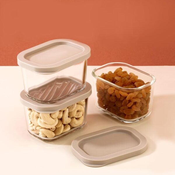 ATTRO Glassox Storeit Borosilicate Glass Storage Containers – 310ml, Set of 3, Transparent & Stackable with PE Lids, Microwave, Fridge & Dishwasher Safe, Ideal for Kitchen & Leftovers- Ivory