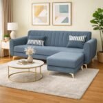 Adorn India Premium Luster 4 Seater L Shape Sofa Set | Velvet Suede Fabric | 3-Year Warranty | Color Grey with Golden Legs & Striped Pattern Cushion