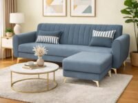 Adorn India Premium Luster 4 Seater L Shape Sofa Set | Velvet Suede Fabric | 3-Year Warranty | Color Grey with Golden Legs & Striped Pattern Cushion