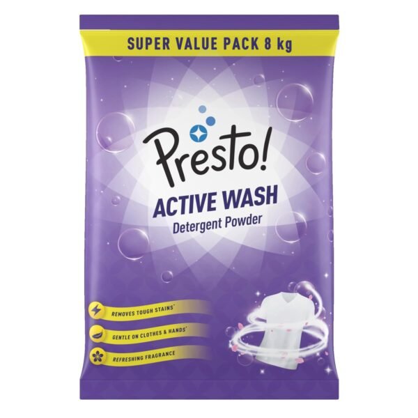 Amazon Brand - Presto! Active Wash Detergent Powder | 8 Kg | Tough On Stains | Gentle On Fabrics | Colour-Safe | Refreshing Fragrance | Machine And Hand Wash