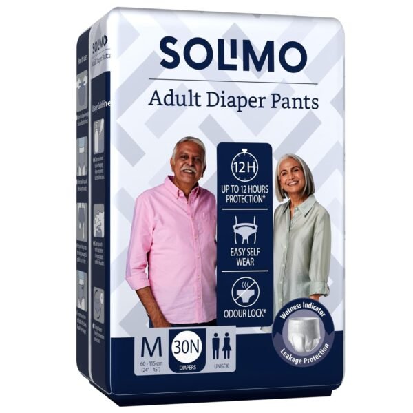 Amazon Brand - Solimo Adult Diapers, Pant Style | Pack of 30 | Medium Size | Waist 24-45 in (60-115 cm) | Unisex | Quick Absorption | Leak Proof Upto 12 Hours | Wetness Indicator | For Men & Women
