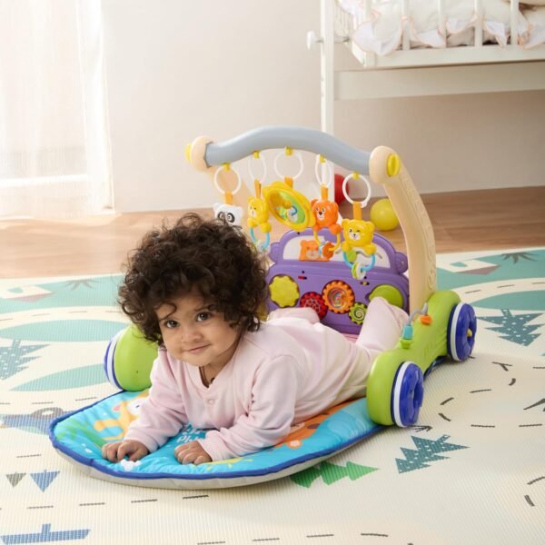 Amazon Brand - Supples 2 in 1 Musical Baby Play Gym with Convertible Walker | Push Walker with Play Piano, Lights, Rattles & Tummy Time Mat for Babies & Toddlers | World Wildlife Day Edition