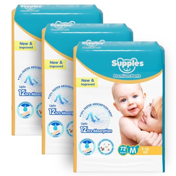 Amazon Brand - Supples Premium Baby Diaper Pants | 216 Baby Diapers | Medium | 7-12 Kg | 72 x 3 Packs | 12 Hrs Absorption | Cushiony Cotton Soft Fabric | Phthalates-Free | Triple Leak Guard