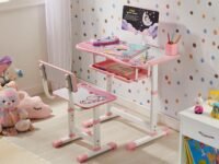 Amazon Brand - Supples Study Table for Kids | Suitable for 3-12 Years | Kids Study Table with Height Adjustable Table & Chair, Book Storage & Pen Holder | Pink | Candy Print