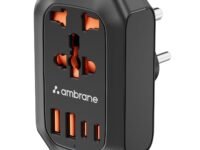 Ambrane 5-in-1 MultiPort Adapter with Universal AC Socket, 2 x Type C, 2 x USB, 2500W AC Output, 20W USB & PD Output, Ideal for Tight Spaces/Bedside & Travels, Child Safety Shutter (Charge X20, Black)