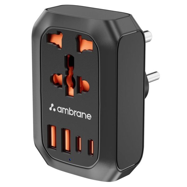 Ambrane 5-in-1 MultiPort Adapter with Universal AC Socket, 2 x Type C, 2 x USB, 2500W AC Output, 20W USB & PD Output, Ideal for Tight Spaces/Bedside & Travels, Child Safety Shutter (Charge X20, Black)
