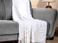 Anko Australia Cotton, Polyester & Viscose 400 GSM Throw with Fringes | Decorative Blanket for Couch, Sofa & Bed | White | Raised Diamond Pattern | 152 Cm (L) x 127 Cm (W) (1 Pc)
