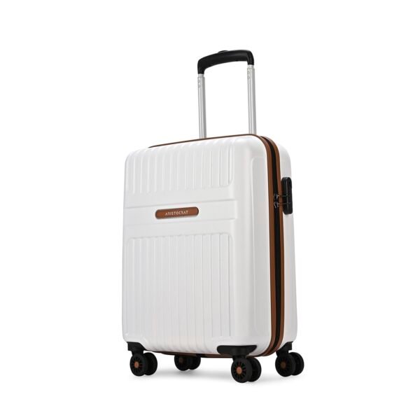Aristocrat Atlas Cabin Trolley Bag 55cm | Small | Hard Luggage | Smooth 8-Wheel Suitcase | Secure Combination Lock with Sturdy Zipper | Full Fabric Convipack | 3-Year Warranty (Pearl White)
