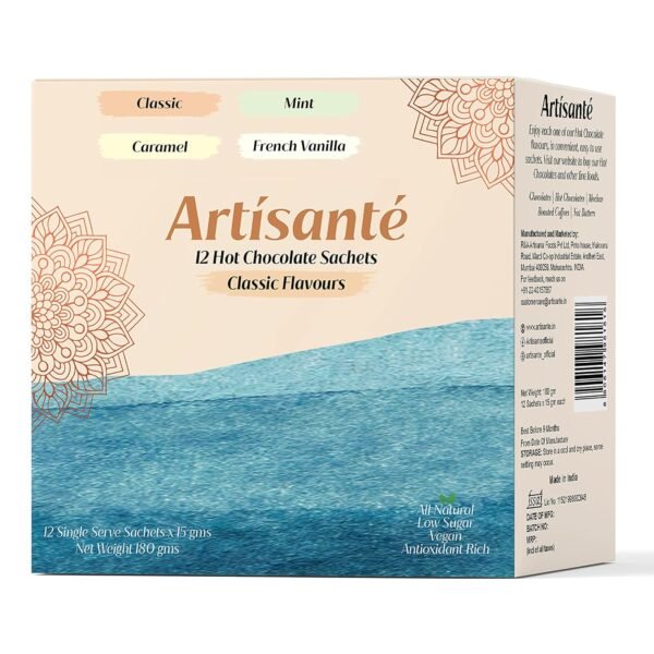 Artisante Hot Chocolate | Pack of 12 | 4 Classic Flavours | Classic, Mint, Caramel Vanilla | Single Serve | Low Sugar