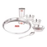 Attro 6 Pieces Smart Stainless Steel Dinnerware/Dinner Set - 1 Thali, 1 D.Plate, 2 Bowl, 1 Glass, 1 Spoon, Kitchen Set for Home, Restaurants, Family - Silver,Solid