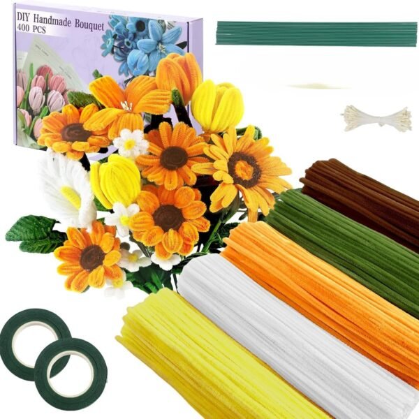 BOLT BEE Pipe Cleaners Craft Set, 500 Pieces, 5 Colors, Chenille Stems with Floral Wires, Gardening Tape, Stamen for DIY Flower Making (Sunflower)