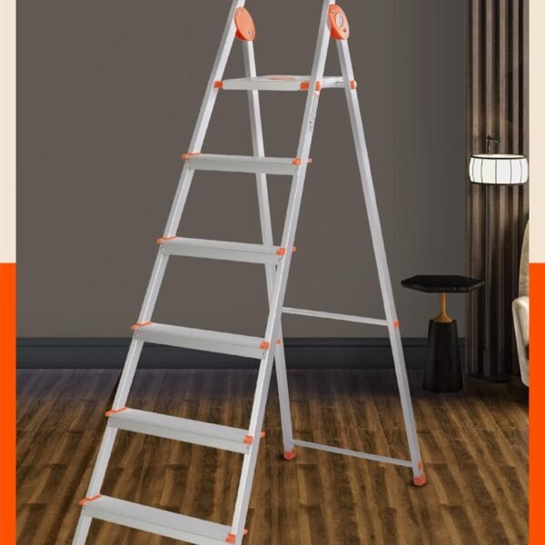Bathla Safex 6-Step Foldable Aluminium Ladder for Home | Anti-Slip Steps | Edge Guards | 5 Year Manufacturer Warranty | with Sure-Hinge Technology (Orange)