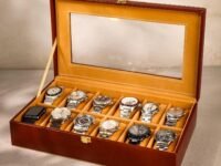 Birch & Co. Watch Box Organizer – 12 Slot Display Case with Glass Lid, PU Leather, Soft Velvet Interior – Elegant Storage for Men’s & Women’s Watches, Jewelry & Accessories – Gift-Ready Case, Brown