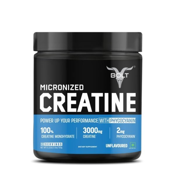 Bolt Micronised Creatine Monohydrate 3000 Powder|With Phycocyanine|Provides Energy Support For Heavy Workout|Formulated In Usa|100 grams (0.22Lb),33 Serving|Unflavored