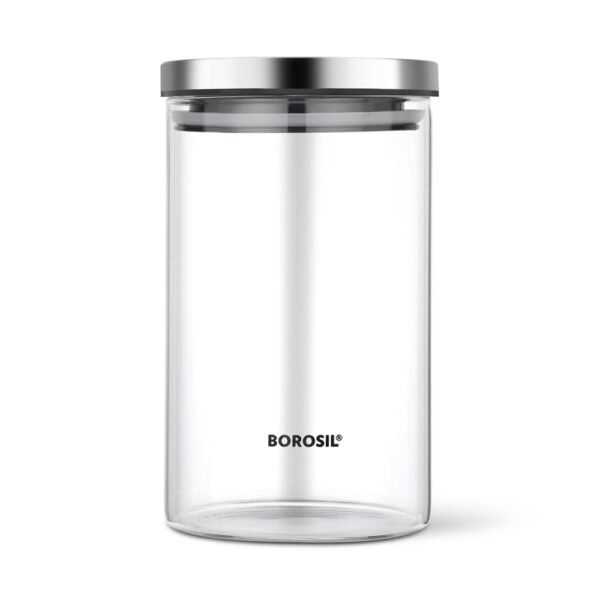 Borosil 900ml Classic Glass Jar with Airtight Stainless Steel Lid | Borosilicate Glass Storage Organiser | Microwave & Dishwasher Safe Kitchen Containers for Spices, Snacks, Grains, Dals
