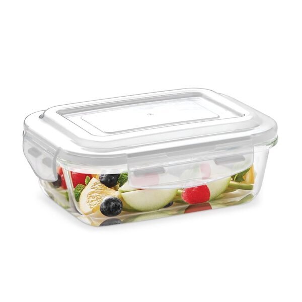 Borosil Klip n Store 370ml Rectanglular Food Storage Container with Airtght Glass Lid | Made in India Borosilicate Glass Container for Lunchbox | Microwave & Dishwasher Safe | Transparent