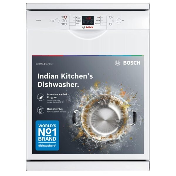 Bosch 13 Place Setting, EcoSilence Drive, Hygiene plus with Intensive Kadhai program, Free Standing Dishwasher, No.1 Brand in Dishwasher (SMS66GW01I, White, Inbuilt heater, Removes 99.99% germs)