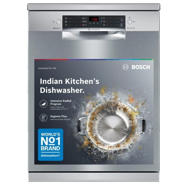 Bosch 14 Place Setting, EcoSilence Drive, Rackmatic 3 stage, Free Standing Dishwasher, World No.1 Brand in Dishwasher (SMS46KI03I, Silver Inox, Inbuilt heater, Removes 99.99% germs)