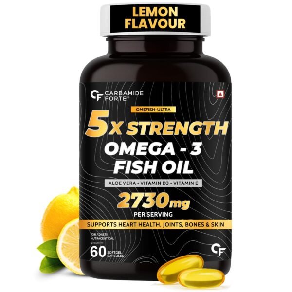 Carbamide Forte 5X Strength Omega 3 Fish Oil Capsules 2730mg | Fish Oil Omega 3 Supplement To Support Overall Health & Skin With Added Aloevera, Vitamin D3, Vitamin E For Men & Women - 60 Softgels