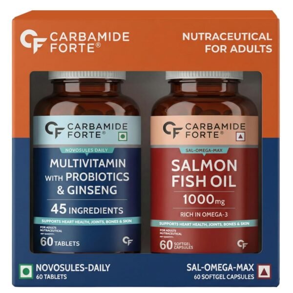 Carbamide Forte Multivitamin Tablet for Men with Probiotics & Salmon Omega 3 fish oil capsules | Salmon Fish Oil Omega 3 Capsule 1000mg and Multivitamin Tablets Combo | 60 Tablets + 60 Softgel Capsules