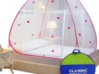 Classic Mosquito Net for Double Bed | Heart Design (Limited Edition) | King Size Foldable Machardani | Polyester 30GSM Strong Net | PVC Coated Corrosion Resistant Steel Wire - Pink