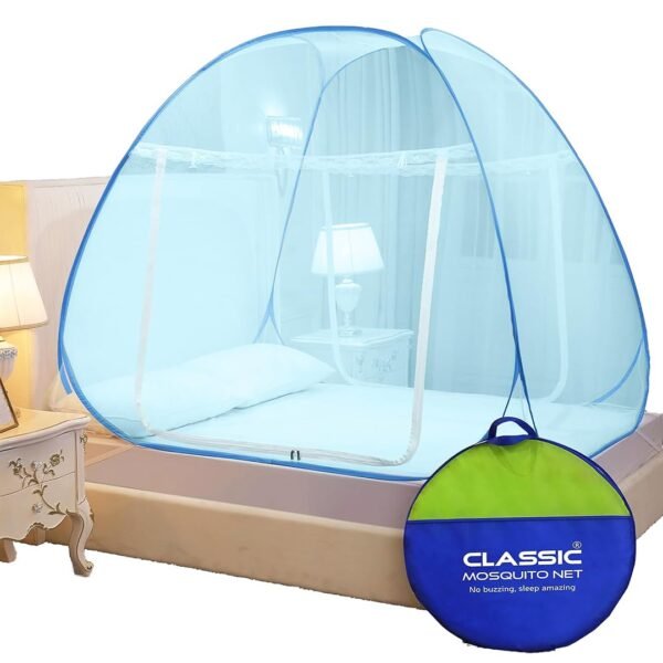 Classic Mosquito Net for Double Bed | King Size Foldable Machardani | Polyester 30GSM Strong Net | PVC Coated Corrosion Resistant Steel Wire - Full Blue