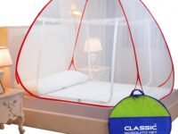 Classic Mosquito Net for Double Bed | Queen Size Foldable Machardani | Polyester 30GSM Strong Net | PVC Coated Corrosion Resistant Steel Wire - Red