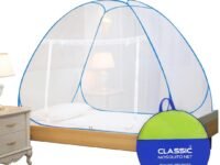 Classic Mosquito Net for Single Bed | Foldable Machardani | Polyester Strong 30GSM mesh | PVC Coated Corrosion Resistant Steel Wire - Blue