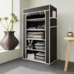 Collapsible Portable Foldable Wardrobe Storage Shelves Organizer for Clothes Racks Fabric Almirah Non Rustable Iron Storage Unit (5 Layer) (Brown)