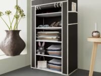 Collapsible Portable Foldable Wardrobe Storage Shelves Organizer for Clothes Racks Fabric Almirah Non Rustable Iron Storage Unit (5 Layer) (Brown)