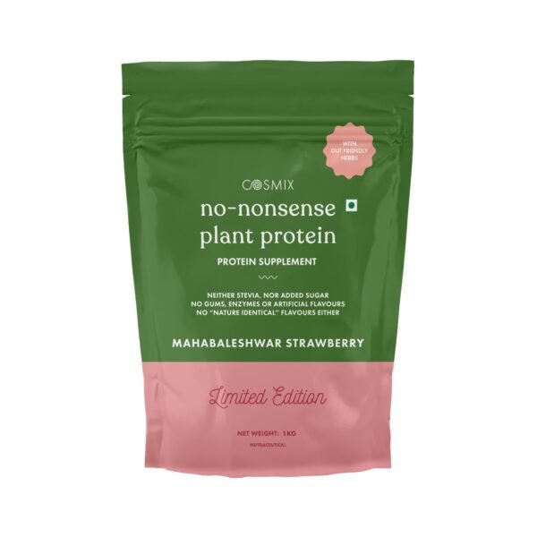 Cosmix No-Nonsense Plant Protein | 23 Protein/Serve, 1Kg Pouch | Mahabaleshwar Strawberry | Plant Based Protein, Pea & Rice Isolate | Clean, Easy to Digest | All Essential Amino Acids