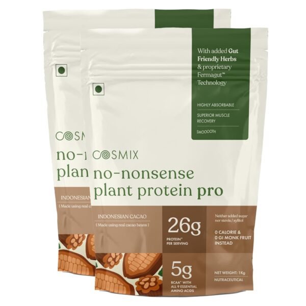 Cosmix No-Nonsense Plant Protein Pro | 26g Protein/Serve | Indonesian Cacao | Yeast Powered Plant-Based Protein | PDCAAS of 1 | Light On Gut, Superior Muscle Recovery - 1kg Pack of 2
