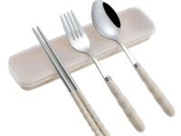 DOCAT Spoon Set Stainless Steel Chopstick, Spoon and Fork Cutlery Set for Women, Men, Kids Eating Food Portable Tableware Dining Accessories (Beige)