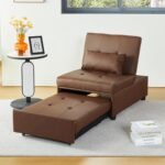 Deck Chair, Sofa Bed Convertible Chair 4 in 1 Multi-Function Folding Ottoman Modern Breathable Linen Guest Bed with Adjustable Sleeper for Small Room Apartment, PU Brown
