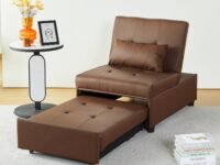 Deck Chair, Sofa Bed Convertible Chair 4 in 1 Multi-Function Folding Ottoman Modern Breathable Linen Guest Bed with Adjustable Sleeper for Small Room Apartment, PU Brown