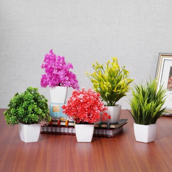 Dekorly Set of 5 Bonsai Wild Artificial Plant with Pot Artificial Plants for Home Decor -Best Different Types of Decorative Plants Artificial Flowers with Pot (Multicolor, Height : 17CM)