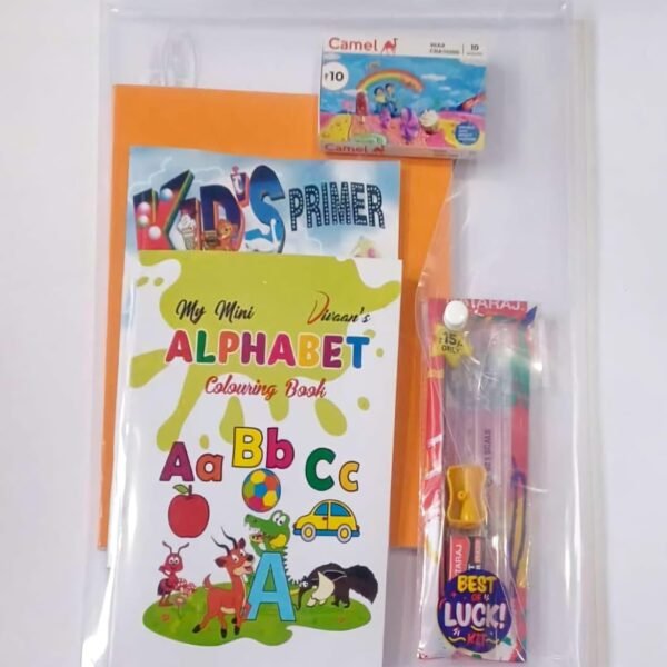 Donation kit for Nursery to Sr.Kg Kids Includes Basic Learning Book|Color Book| Crayons |3 in 1 Note Book for English,Hindi,Maths/Pencil Eraser sharpner Set. All Packed in Folder. (DO1)