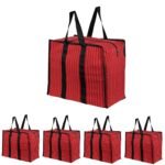 Double R Bags Extra Large Multipurpose Heavy Duty Canvas Storage Organizer Shopper Bag with Strong Handles, Zip Cover & 1 Compartment (43x26.6x45.7 cm, Red, Pack of 5)