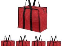 Double R Bags Extra Large Multipurpose Heavy Duty Canvas Storage Organizer Shopper Bag with Strong Handles, Zip Cover & 1 Compartment (43x26.6x45.7 cm, Red, Pack of 5)